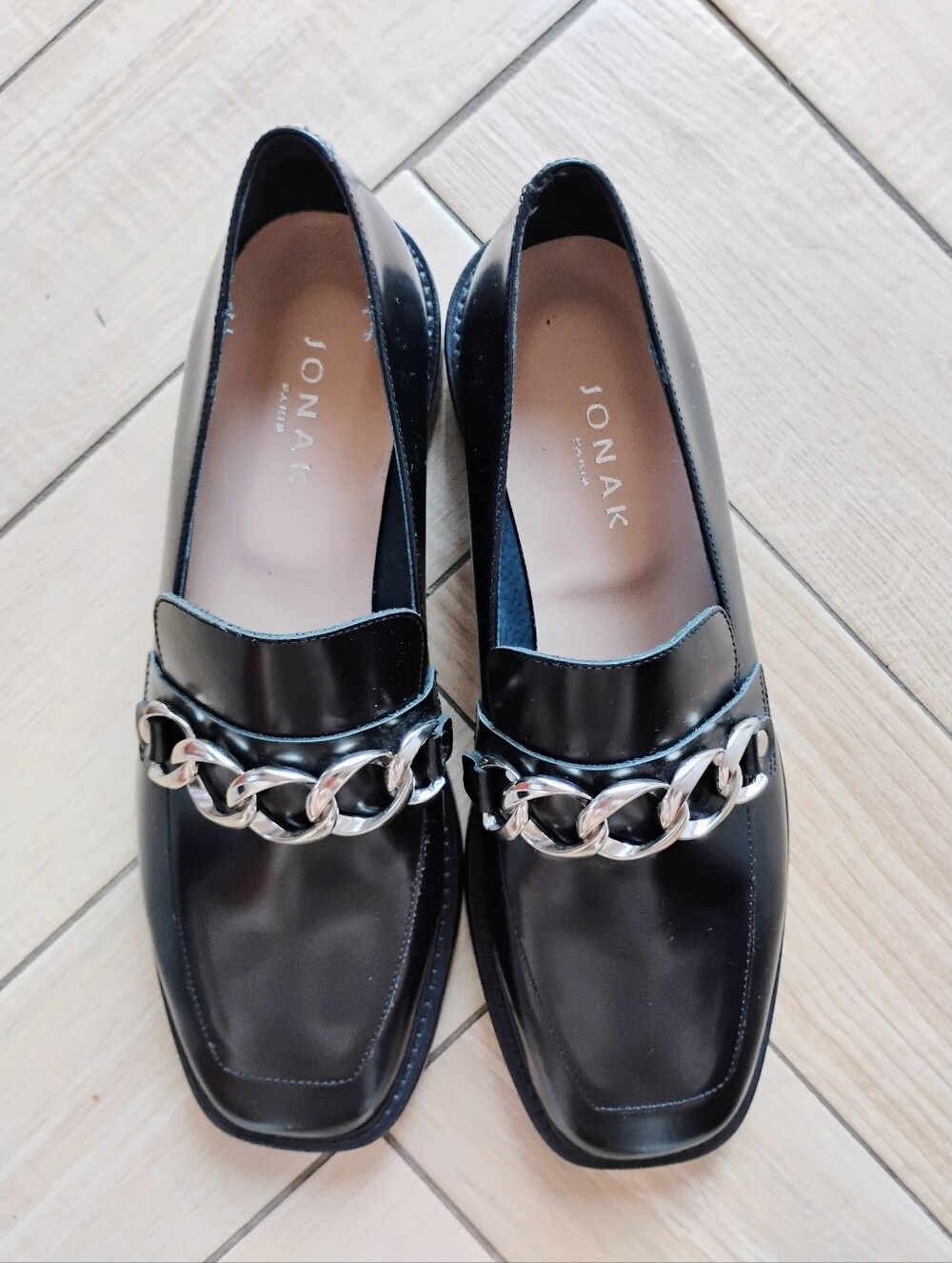 JONAK Dionette Loafers EU 37 Black Leather Chain Loafers Made in Portugal NWOT